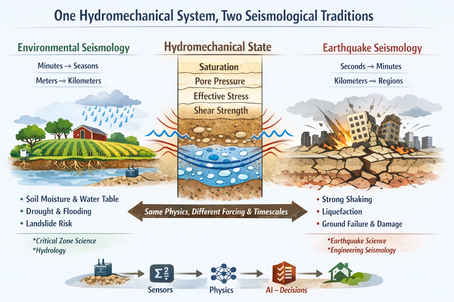 One Hydromechanical System, Two Seismological Traditions — a conceptual slide contrasting environmental seismology and earthquake seismology around shared hydromechanical state variables